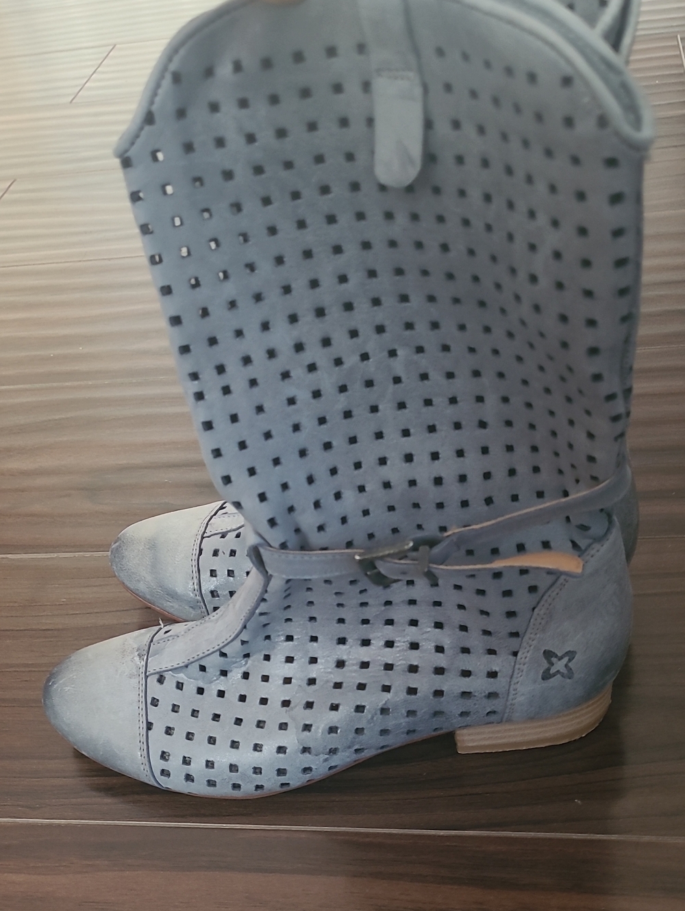 Perforated Light Blue Lace-Up Mid-Calf Boots